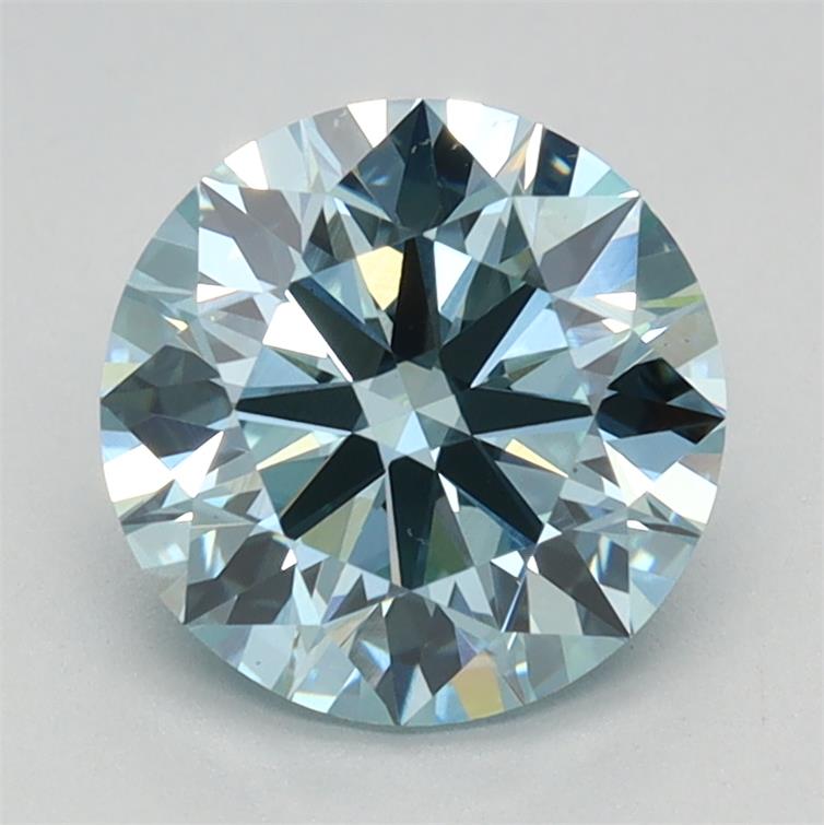 Actual 1.53 carat Fancy Intense Greenish Blue Round lab-grown diamond